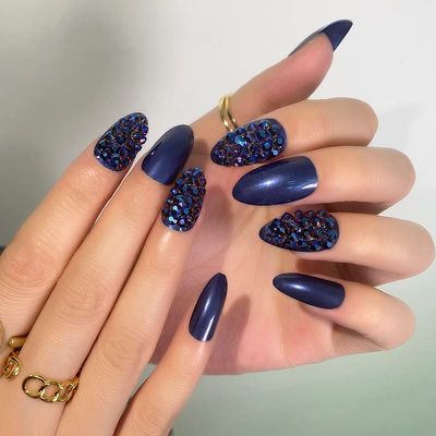 FRUJCDKI Deep Blue Full Diamond Press on Nails Coffin Rhinestones Fake Nails Full Cover Bling Acrylic French False Nails for Women and Girls 24PCS