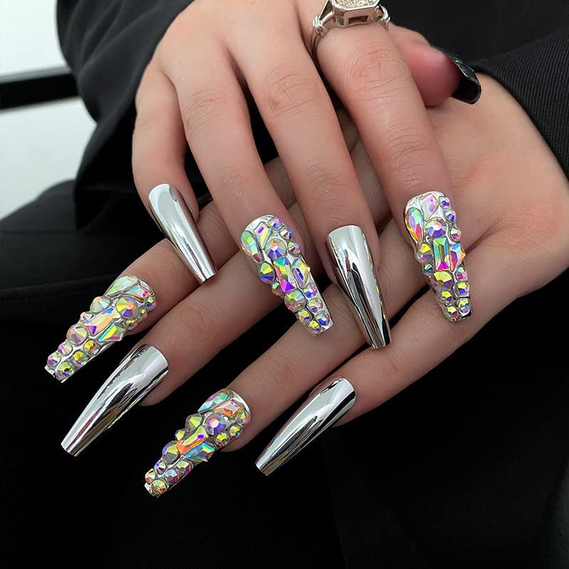 FRUJCDKI Cool Girl Silver Full Diamond Press on Nails Coffin Rhinestones Fake Nails Full Cover Bling Acrylic French False Nails for Women and Girls 24PCS