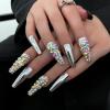 FRUJCDKI Cool Girl Silver Full Diamond Press on Nails Coffin Rhinestones Fake Nails Full Cover Bling Acrylic French False Nails for Women and Girls 24PCS view 1