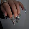 FRUJCDKI Cool Girl Silver Full Diamond Press on Nails Coffin Rhinestones Fake Nails Full Cover Bling Acrylic French False Nails for Women and Girls 24PCS view 2