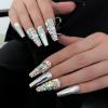 FRUJCDKI Cool Girl Silver Full Diamond Press on Nails Coffin Rhinestones Fake Nails Full Cover Bling Acrylic French False Nails for Women and Girls 24PCS view 3