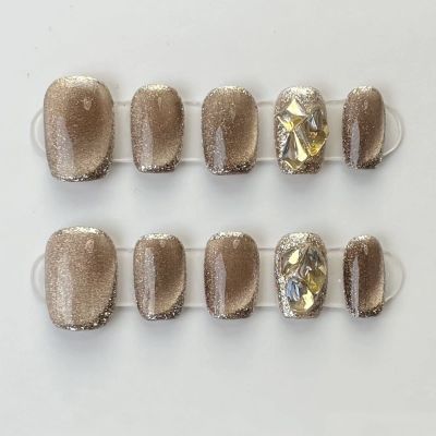 Nail Meow Press on Nails short Length- Sky,Luxury Reusable Seven Layers Gel UV Finish Fake Nail Tips, Handmade Brown False Nail Art with Design by Licensed Manicurist