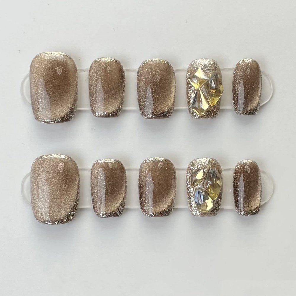 Nail Meow Press on Nails short Length- Sky,Luxury Reusable Seven Layers Gel UV Finish Fake Nail Tips, Handmade Brown False Nail Art with Design by Licensed Manicurist