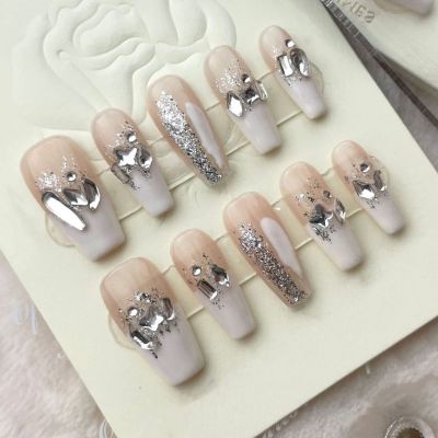 Nail Meow Press on Nails Medium Length- MoonlightLuxury Reusable Seven Layers Gel UV Finish Fake Nail Tips, Handmade White False Nail Art with Design by Licensed Manicurist