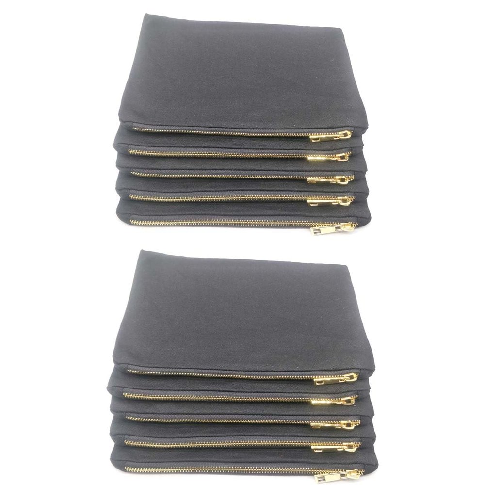10pcs 12oz cotton canvas makeup bag with gold metal zip 7x10in canvas cosmetic pouch (black)