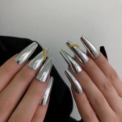 FRUJCDKI Cool Girl Laser Chain Press on Nails Coffin Rhinestones Fake Nails Full Cover Bling Acrylic French False Nails for Women and Girls 24PCS