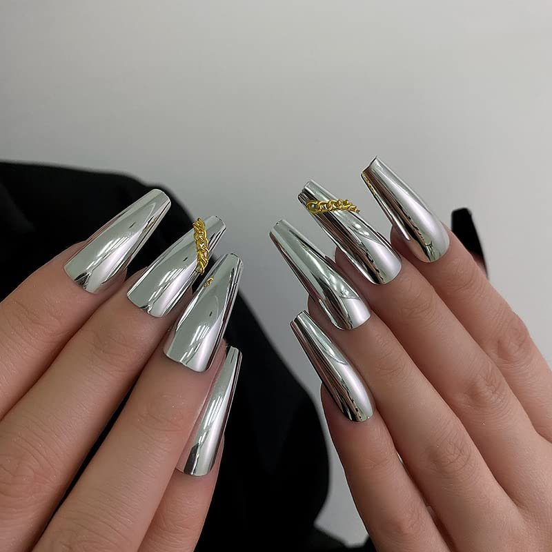 FRUJCDKI Cool Girl Laser Chain Press on Nails Coffin Rhinestones Fake Nails Full Cover Bling Acrylic French False Nails for Women and Girls 24PCS