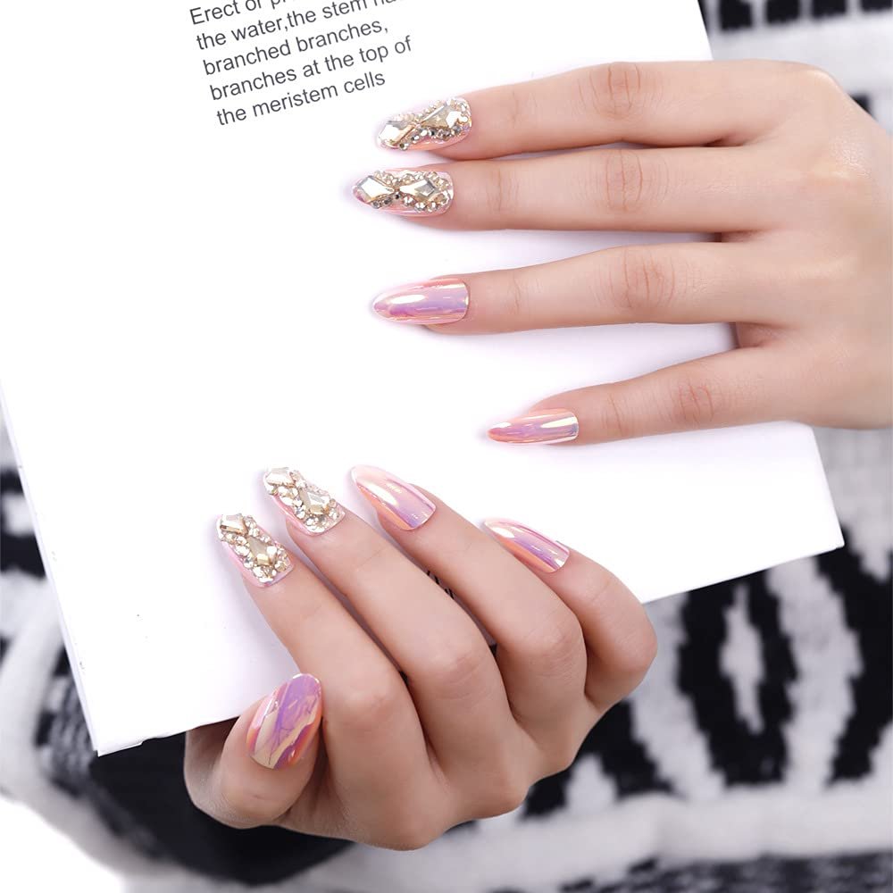FRUJCDKI Pink Pearl Laser Almond Full Diamond Press on Nails Coffin Rhinestones Fake Nails Full Cover Bling Acrylic French False Nails for Women and Girls 24PCS