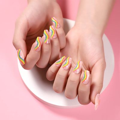 FRUJCDKI Rainbow Summer Press on Nails Coffin Rhinestones Fake Nails Full Cover Bling Acrylic French False Nails for Women and Girls 24PCS