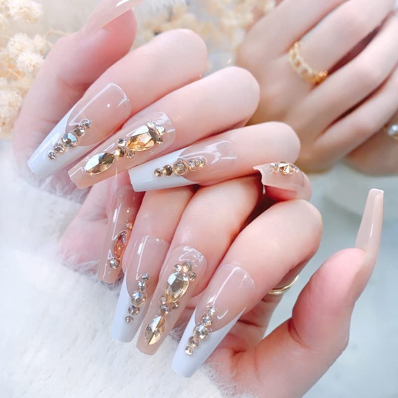 FRUJCDKI Diamond French Luxury Press on Nails Coffin Rhinestones Fake Nails Full Cover Bling Acrylic French False Nails for Women and Girls 24PCS