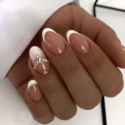 FRUJCDKI Rhinestone French Short Press on Nails Coffin Rhinestones Fake Nails Full Cover Bling Acrylic French False Nails for Women and Girls 24PCS