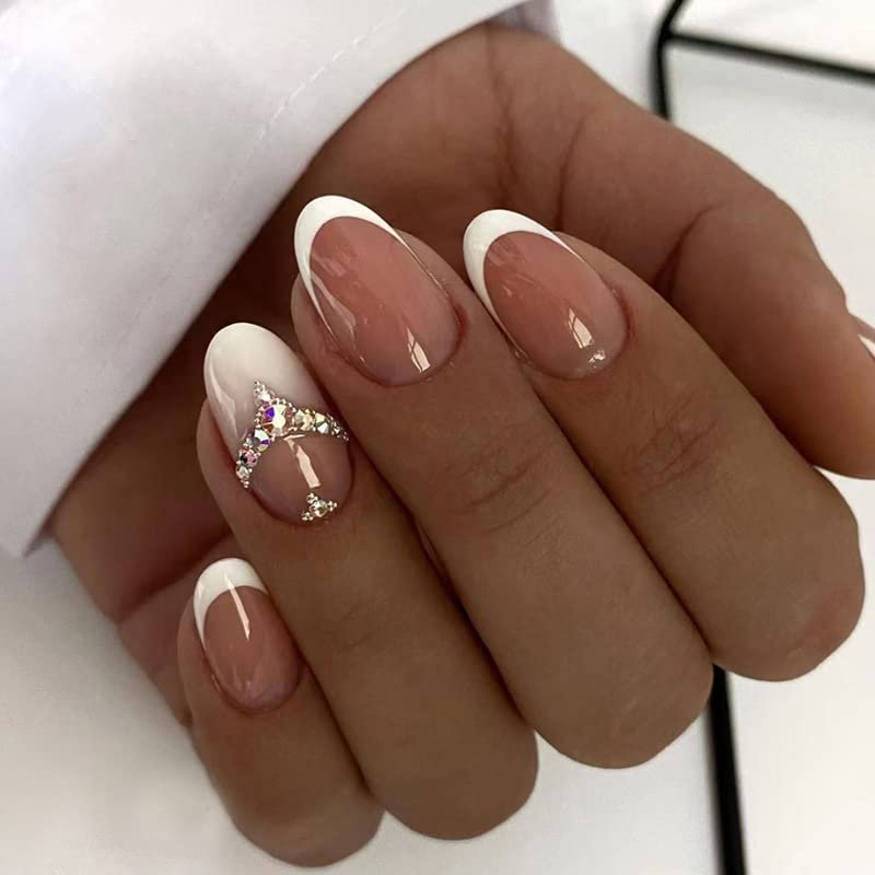 FRUJCDKI Rhinestone French Short Press on Nails Coffin Rhinestones Fake Nails Full Cover Bling Acrylic French False Nails for Women and Girls 24PCS