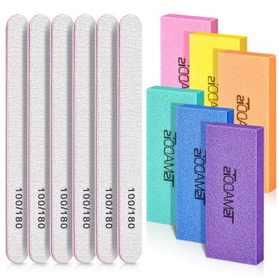 Nail Files and Buffers Set with 6PCS Rectangular Buffers and 6PCS White 100 180 Grit Files, Professional Nail Care Tools Kit for Women and Girls