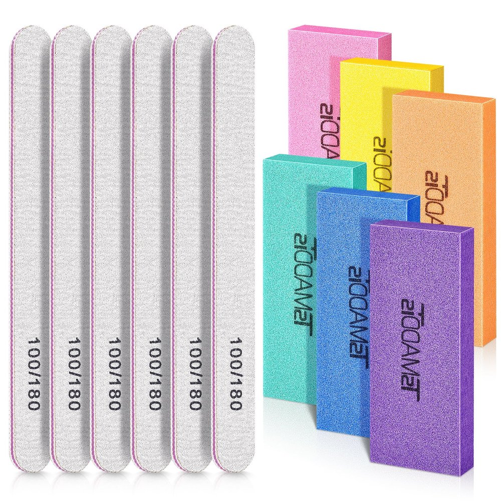 Nail Files and Buffers Set with 6PCS Rectangular Buffers and 6PCS White 100 180 Grit Files, Professional Nail Care Tools Kit for Women and Girls
