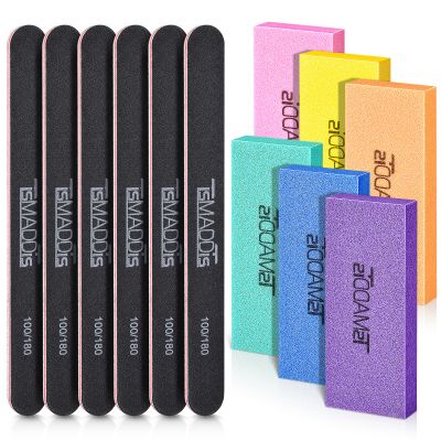 TsMADDTs Nail Files and Buffers Set with 6PCS Rectangular Buffers and 6PCS Black 100 180 Grit Files, Professional Nail Care Tools Kit for Women and Girls