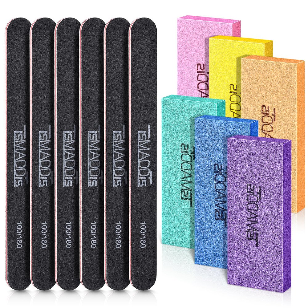 TsMADDTs Nail Files and Buffers Set with 6PCS Rectangular Buffers and 6PCS Black 100 180 Grit Files, Professional Nail Care Tools Kit for Women and Girls