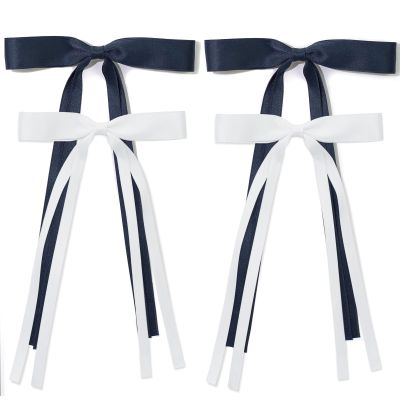 Ambesi Hair Bow Hair Clips, White Navy Blue Long Tail French Ribbon Bows with Tassels, Bowknot Hair Barrettes for Women Girls, Dress Up Accessories for Birthday/Party/Show/Christmas