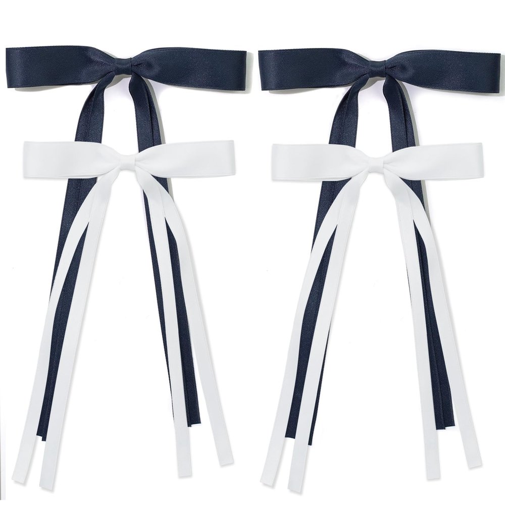 Ambesi Hair Bow Hair Clips, White Navy Blue Long Tail French Ribbon Bows with Tassels, Bowknot Hair Barrettes for Women Girls, Dress Up Accessories for Birthday/Party/Show/Christmas