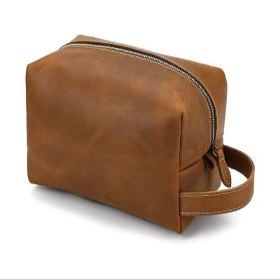 FLO-MOTOR Travel Portable Vintage Leather Toiletry Organizer Shaving Bag Makeup Case Cosmetic Holder Storage Pouch with Strap for Brushes Toiletry Jewelry Storage