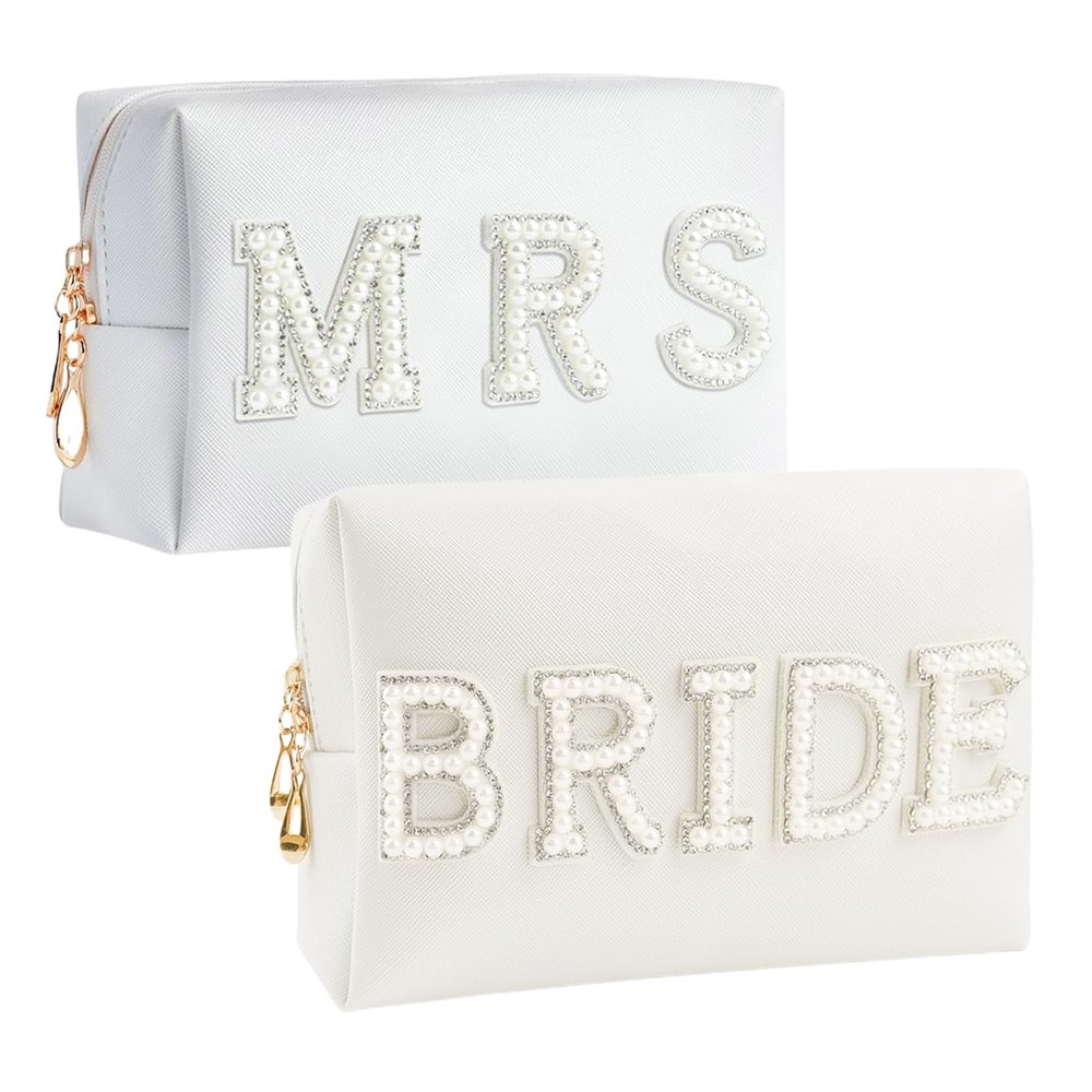2PCS Bride to be Patch Letter Makeup Bag Bridal Shower Gifts for Engagement Wedding Bachelorette Bridesmaid Gifts for Bride Mrs Pearl Rhinestone Travel Bag White PU Leather Make Up Bag Pouch for Purse