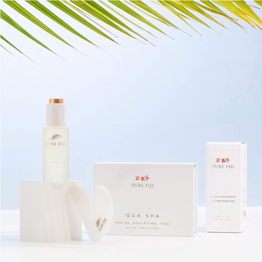 Pure Fiji Facial Skin Care Kit Massage Set for SPA Includes: Gua Sha Sculpting Tool and Luxury Oil 1 Fl. Oz skin Care Routine Kit For Women (luxury Oil & Gua Sha)
