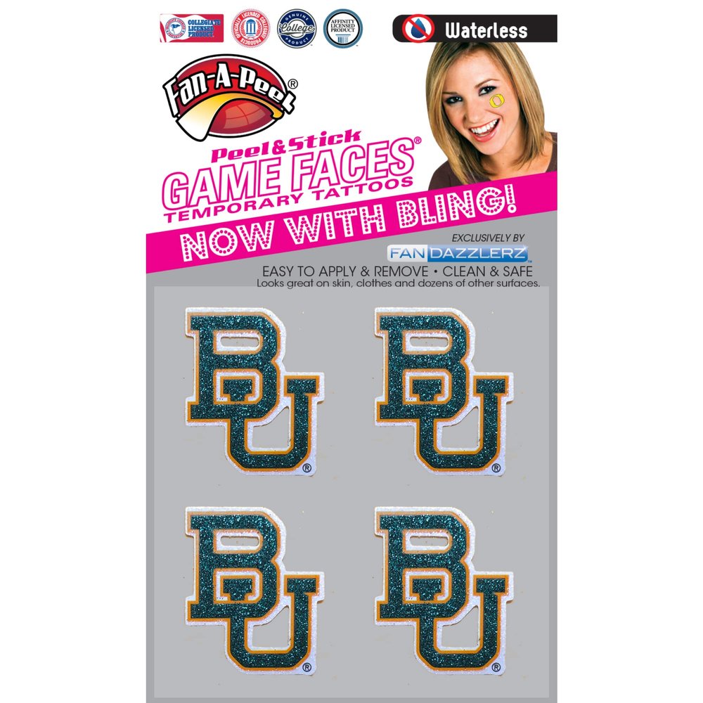 Fan-A-Peel Baylor Waterless Temporary Tattoos - Hypoallergenic Peel and Stick Waterproof Temporary Tattoos, Glitter - Officially Licensed