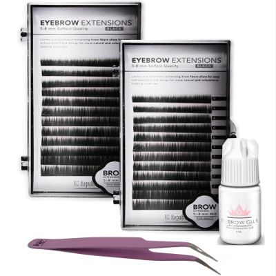 KC Republic Lash Eyebrow Extensions Kit with 2 Trays of Mink False Eyebrows in Black, Eyebrow Extension Glue Clear & Extension Tweezers, Comes on Mixed Length 5-8 mm Mix (Black 2-Pack, Violet Tweezer)