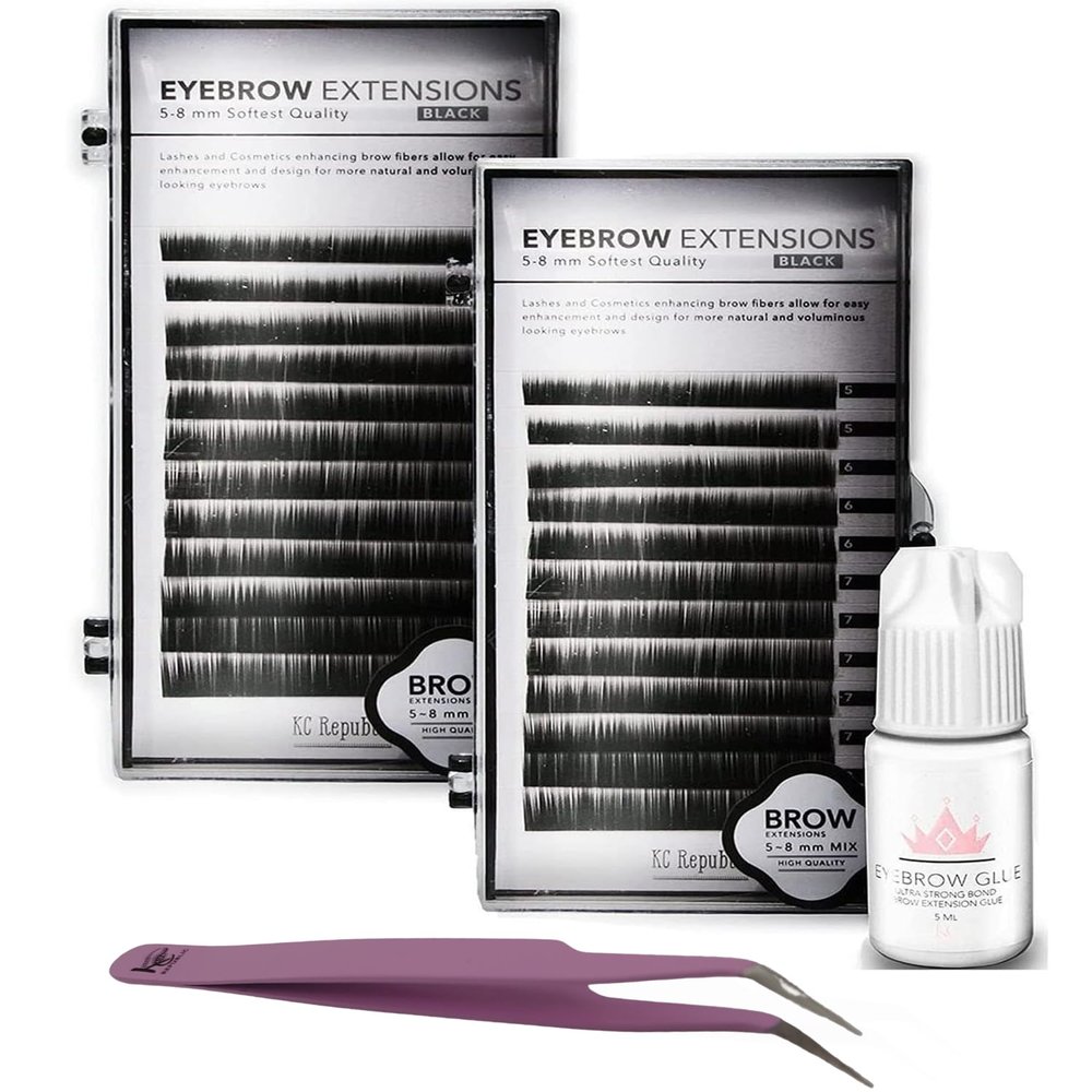 KC Republic Lash Eyebrow Extensions Kit with 2 Trays of Mink False Eyebrows in Black, Eyebrow Extension Glue Clear & Extension Tweezers, Comes on Mixed Length 5-8 mm Mix (Black 2-Pack, Violet Tweezer)