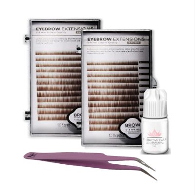 KC Republic Lash Eyebrow Extensions Kit with 2 Trays of Mink False Eyebrows in Brown, Eyebrow Extension Glue Clear & Extension Tweezers, Comes on Mixed Length 5-8 mm Mix (Brown 2-Pack, Violet Tweezer)