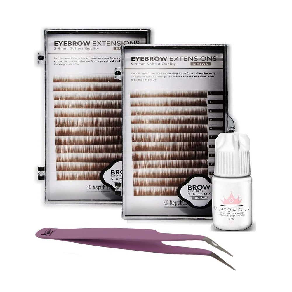 KC Republic Lash Eyebrow Extensions Kit with 2 Trays of Mink False Eyebrows in Brown, Eyebrow Extension Glue Clear & Extension Tweezers, Comes on Mixed Length 5-8 mm Mix (Brown 2-Pack, Violet Tweezer)