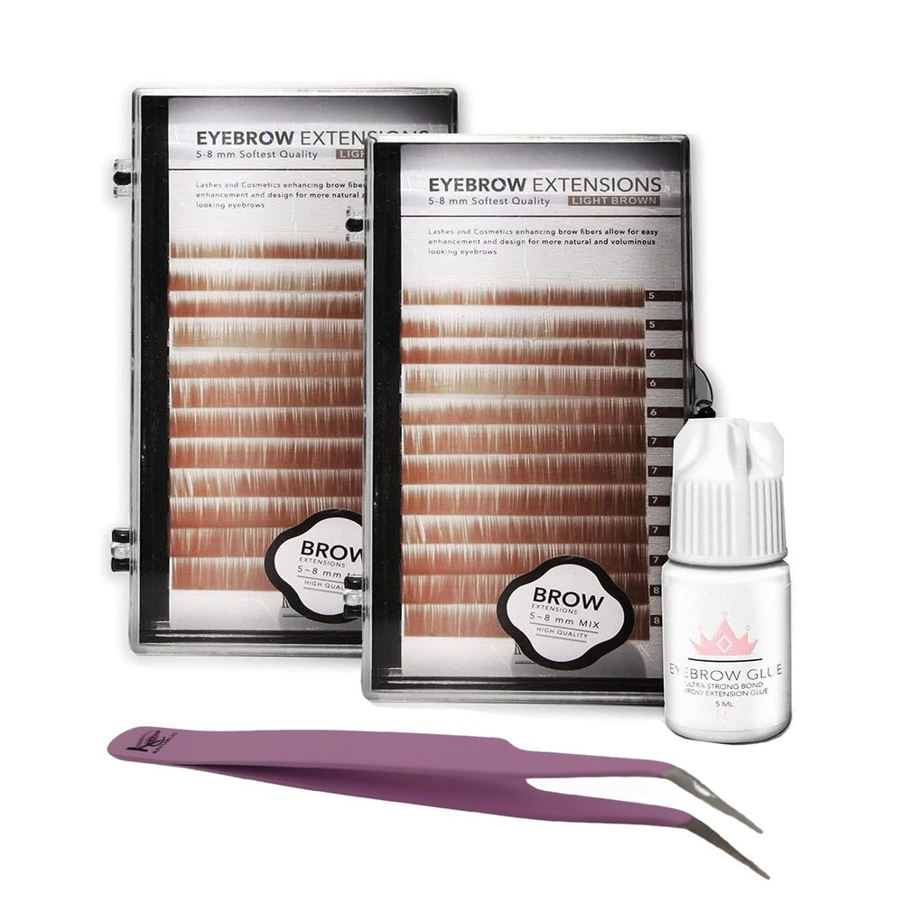 KC Republic Lash Eyebrow Extensions Kit with 2 Trays of Mink False Eyebrows in Blonde/Light Brown, Glue Clear & Extension Tweezers, Comes on Mixed Length 5-8 mm (Light Brown 2-Pack, Violet Tweezer)