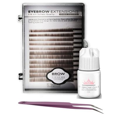 Eyebrow Extensions Kit with 1 x Trays of Mink Eyebrows in Dark Brown Comes on Mixed Length Trays 5-8 mm Mix, Eyebrow Extension Glue Clear & Extension Tweezers (Dark Brown, Violet Tweezer)