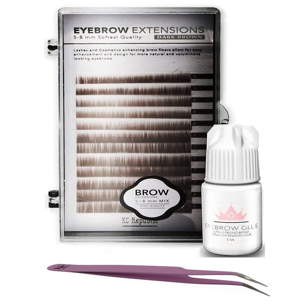 Eyebrow Extensions Kit with 1 x Trays of Mink Eyebrows in Dark Brown Comes on Mixed Length Trays 5-8 mm Mix, Eyebrow Extension Glue Clear & Extension Tweezers (Dark Brown, Violet Tweezer)