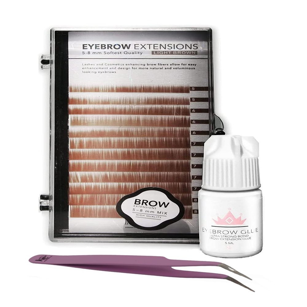 KC Republic Lash Eyebrow Extensions Kit with 1 x Trays of Mink False Eyebrows in Blonde/Light Brown Comes on Mixed Length 5-8 mm, Glue Clear & Extension Tweezers (Light Brown, Violet Tweezer)