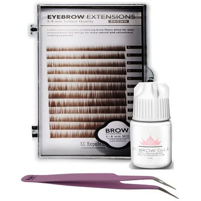 KC Republic Lash Eyebrow Extensions Kit with 1 x Trays of Mink False Eyebrows in Brown Comes on Mixed Length Trays 5-8 mm Mix, Eyebrow Extension Glue Clear & Extension Tweezers (Brown, Violet Tweezer)