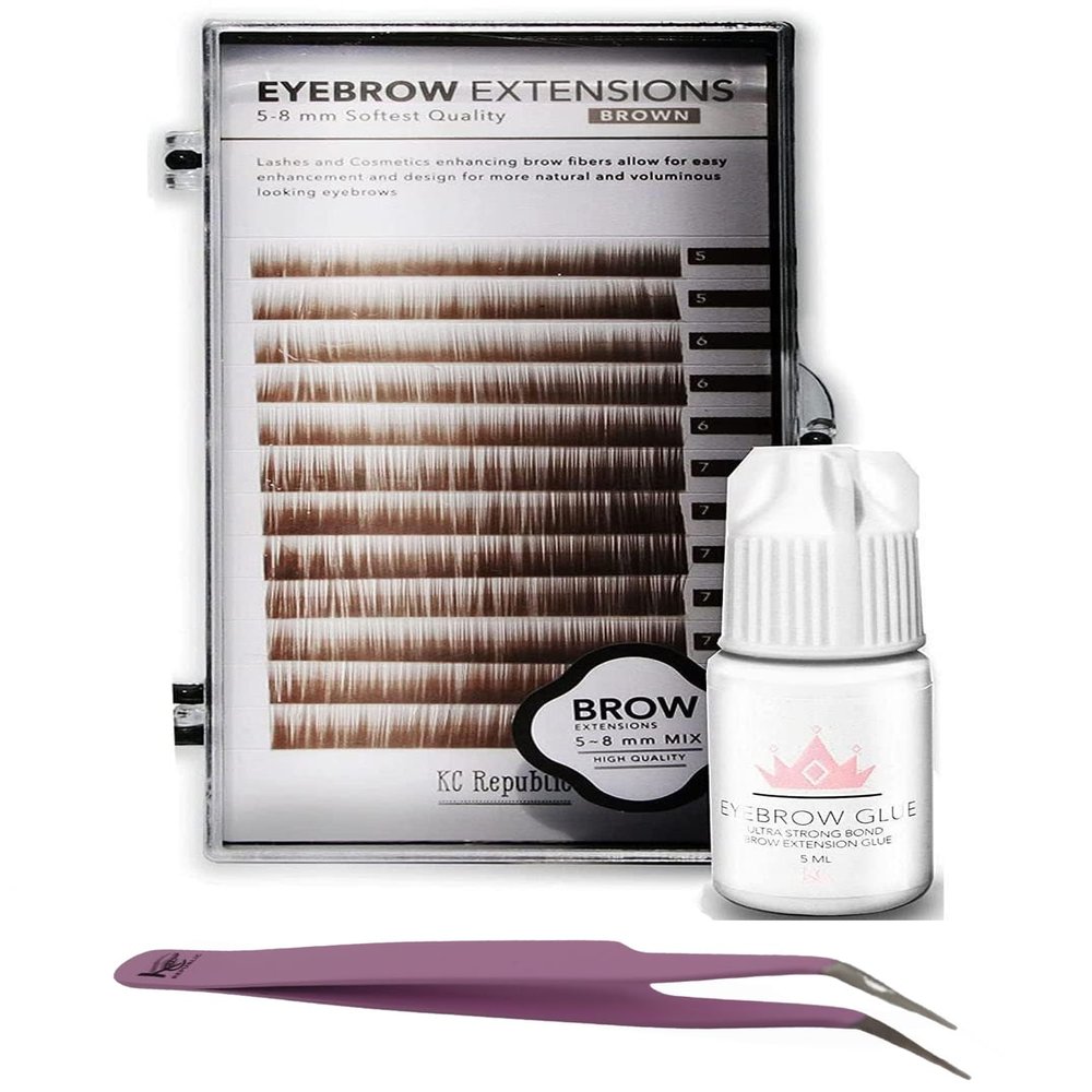 KC Republic Lash Eyebrow Extensions Kit with 1 x Trays of Mink False Eyebrows in Brown Comes on Mixed Length Trays 5-8 mm Mix, Eyebrow Extension Glue Clear & Extension Tweezers (Brown, Violet Tweezer)