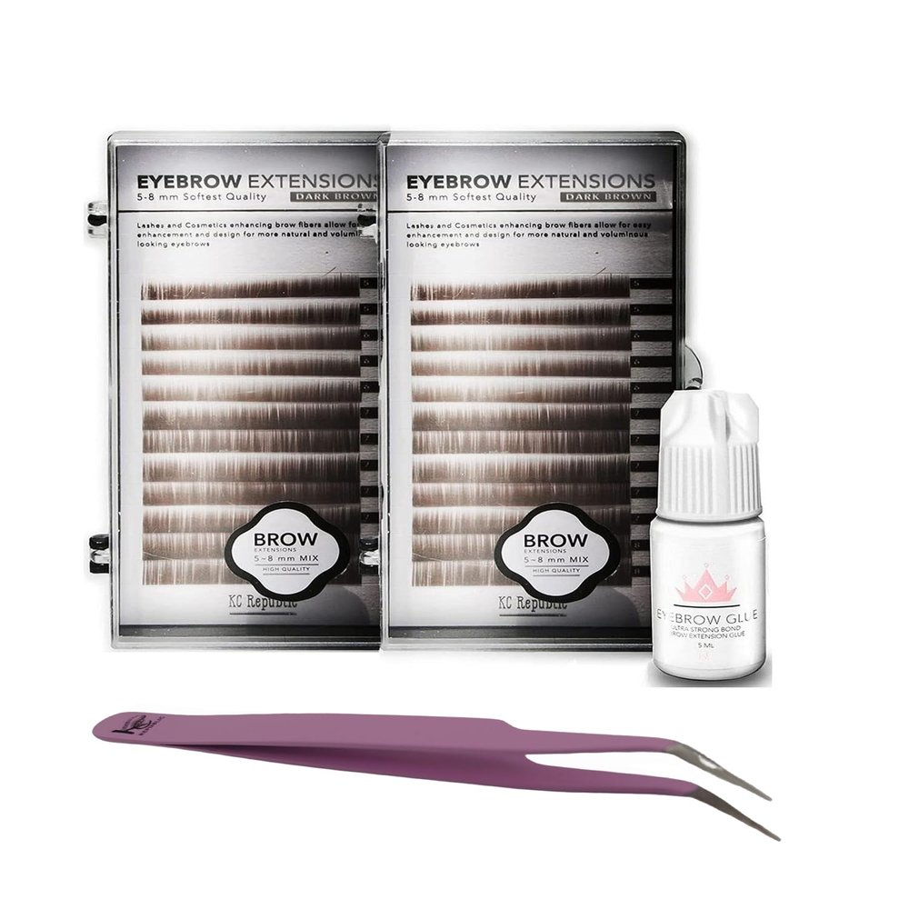 KC Republic Lash Eyebrow Extensions Kit with 2 Trays of Mink False Eyebrows in Dark Brown, Eyebrow Glue Clear & Extension Tweezers, Comes on Mixed Length 5-8 mm Mix (Dark Brown 2-Pack, Violet Tweezer)
