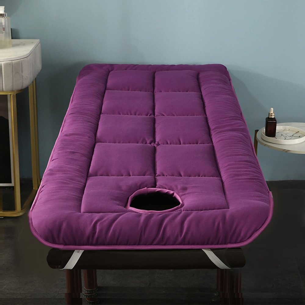 Spa Bed Cushion Topper,Lash Bed Topper Cover for Massage Table with Four Corner Straps&Facial Breathing Hole,Mattress Pad Square/Round/Trapezoidal Head(Bed Not Included),Purple r,80x180cm