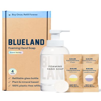 BLUELAND Hand Soap Starter Set, 1 Refillable Glass Foaming Hand Soap Dispenser with 4 Refill Tablets, Variety Scents, 4 x 9 Fl oz