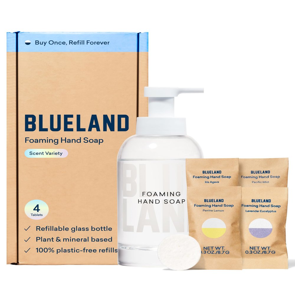BLUELAND Hand Soap Starter Set, 1 Refillable Glass Foaming Hand Soap Dispenser with 4 Refill Tablets, Variety Scents, 4 x 9 Fl oz