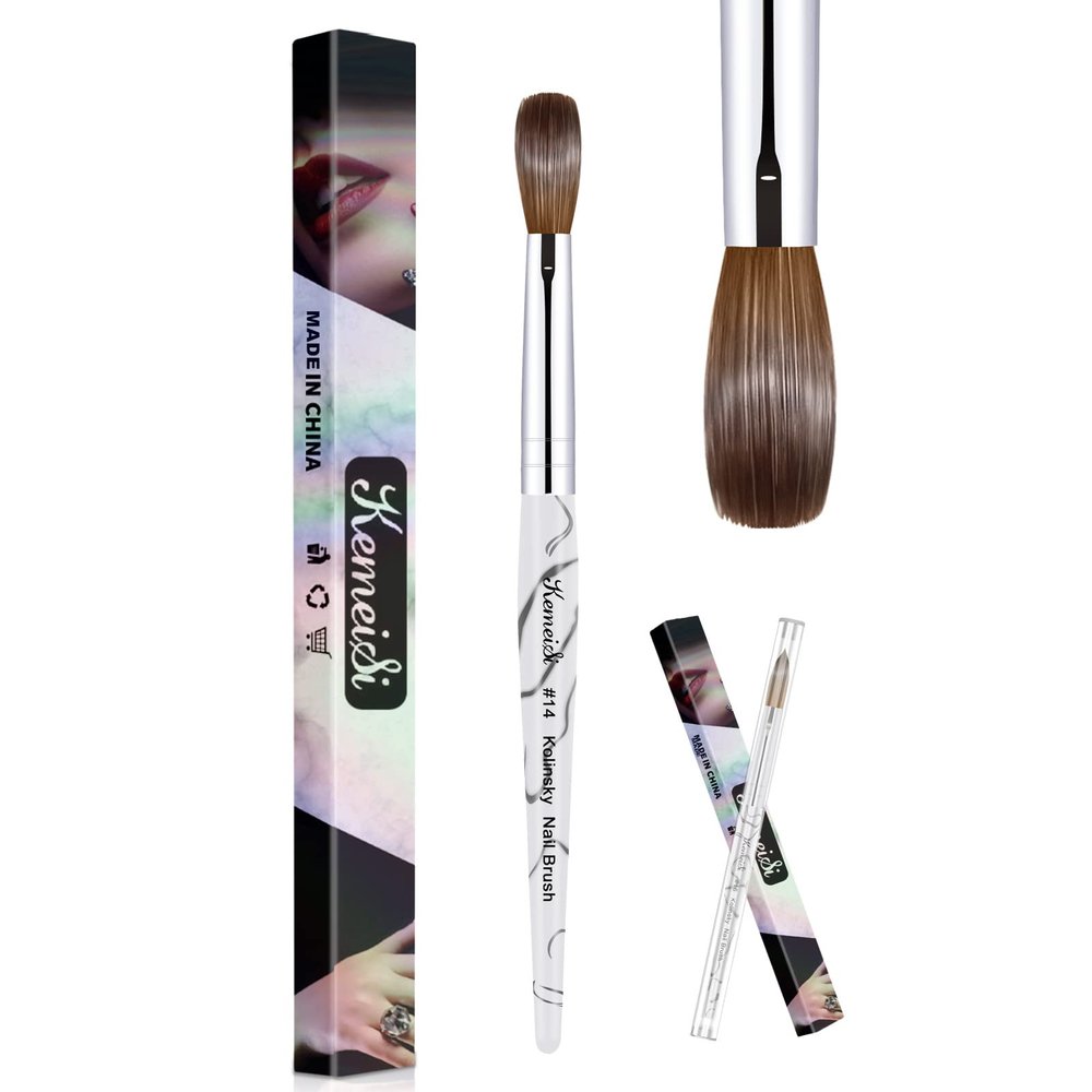 Acrylic Nail Brush Size 14,KEMEISI 100% Pure Kolinsky Nail Art Brushes Sturdy Marble Handle Oval Shaped Acrylic Powder Nail Design Tools for Professional Manicure DIY Home Salon (White)