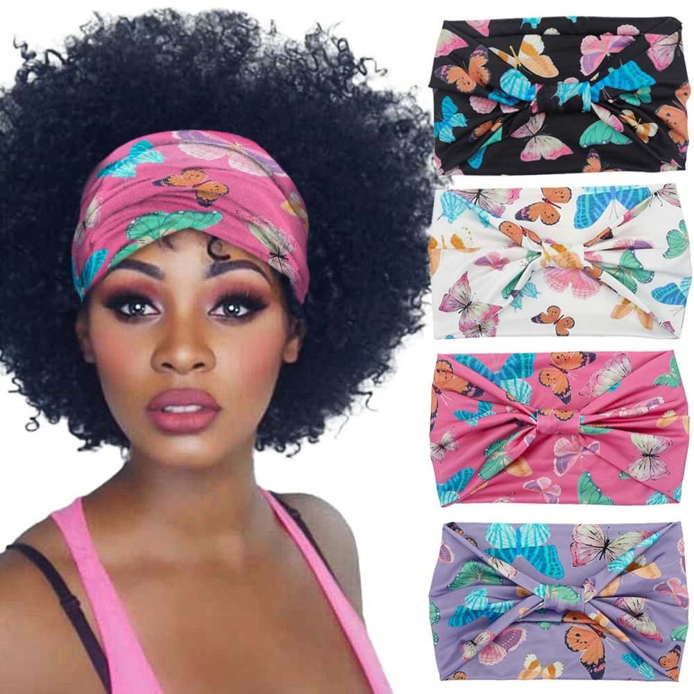 Aceorna Hairband - Boho Butterfly Headbands Stretch Knotted Hairbands Floral Printed for Women and Girls Pack of 4 (Butterfly A)