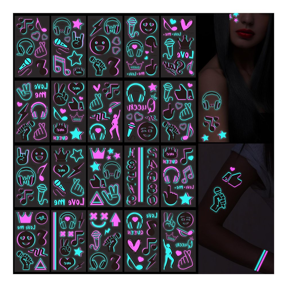 20-Sheets glow in the dark tattoos,temporary tattoos160+ Styles Adult Fluorescent UV Neon body glitter & Face Waterproof fake tattoo Stickers for Men & Women - Ideal for Rave, Festival Party Supplies