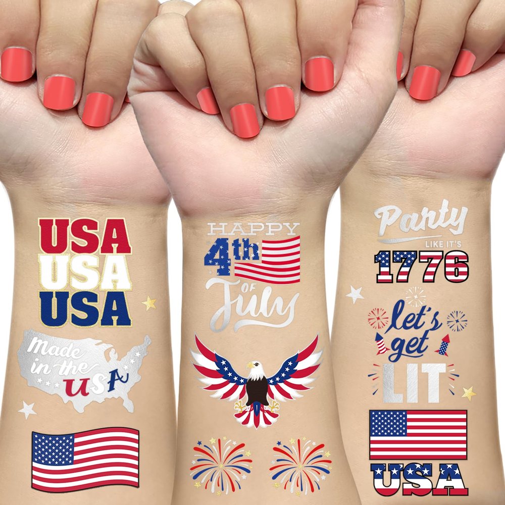 AOYOO Fourth of July Decorations Temporary Tattoos 30 Giltter Style Red White and Blue Patriotic Party Supplies 4th of July Accessories USA America Flag Memorial Day Independence Day Labor Day