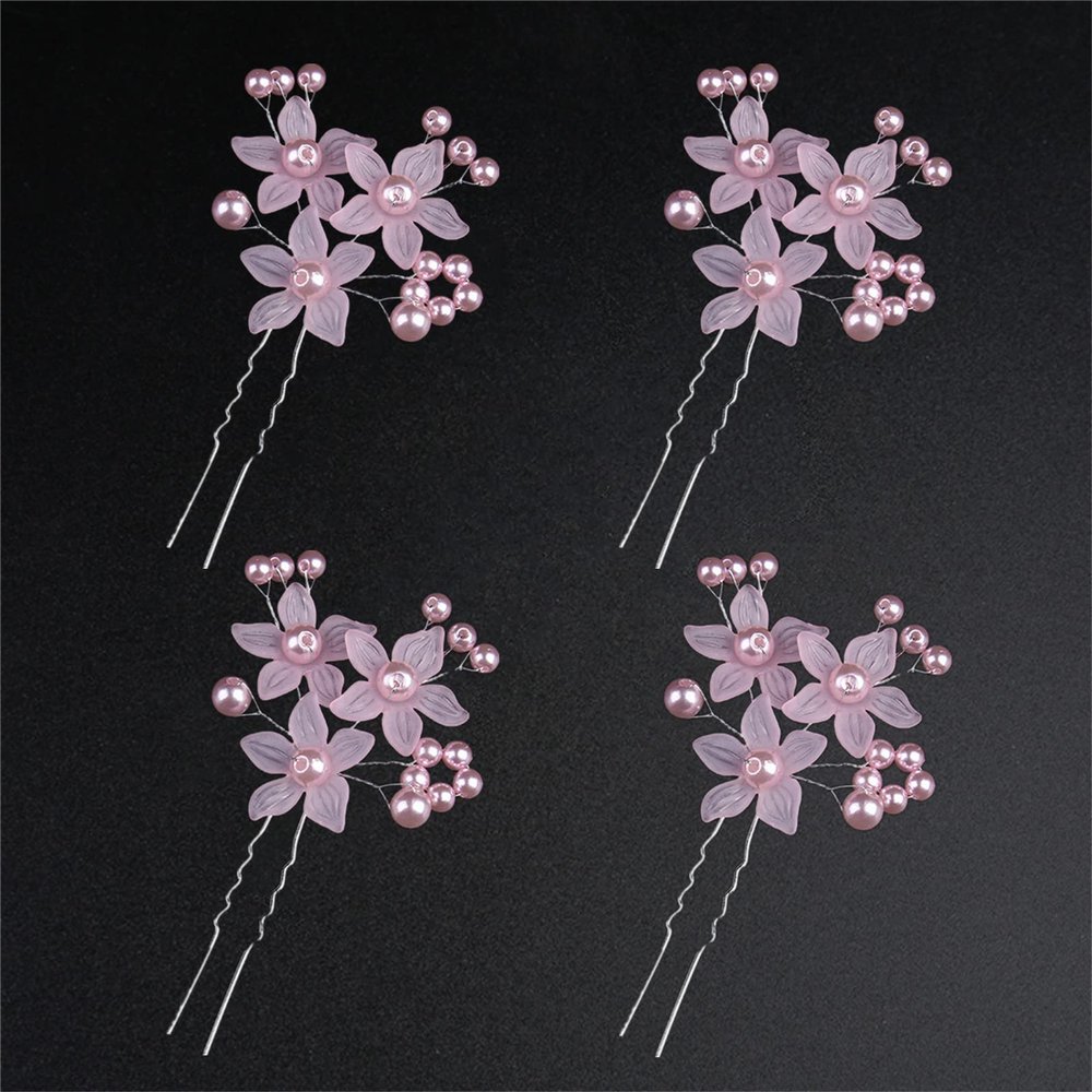 4pcs Pink Flower Hairpins Ancient Hair Ornament Fairy Pearl Hair Sticks Comb Hair Pins Handmade Chinese Hanfu Vintage Headwear