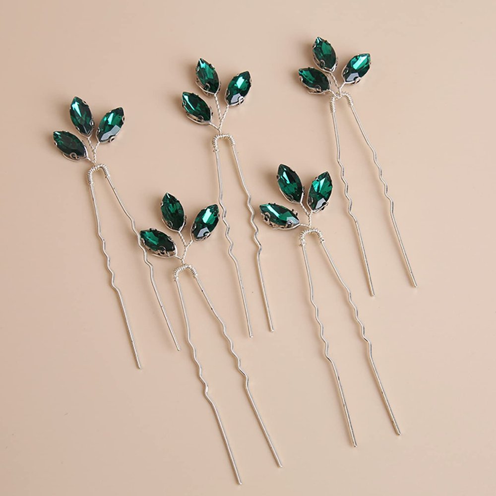 5pcs Blue-green Leaves Hairpins Vintage Crystal Hair Ornament Fairy Hair Sticks Comb Hair Pins Handmade Chinese Hanfu Ancient Headwear