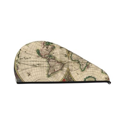 Evealyn Vintage World Map Printed Microfiber Hair Towel Hair Drying Towel with Button Bath Hair Cap for Curly Long Hair Repair Towel Wrap for Women