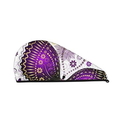 Evealyn Violet-Gold Butterflies Printed Microfiber Hair Towel Hair Drying Towel with Button Bath Hair Cap for Curly Long Hair Repair Towel Wrap for Women