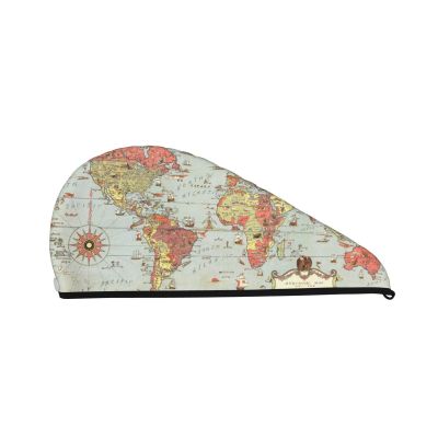 Evealyn World Map Printed Microfiber Hair Towel Hair Drying Towel with Button Bath Hair Cap for Curly Long Hair Repair Towel Wrap for Women