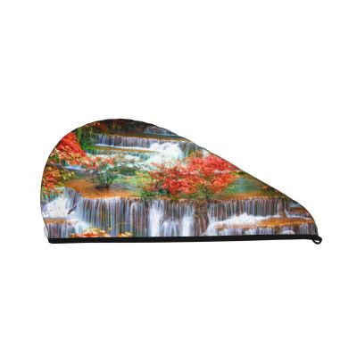Evealyn Waterfall Fall Scenery Printed Microfiber Hair Towel Hair Drying Towel with Button Bath Hair Cap for Curly Long Hair Repair Towel Wrap for Women